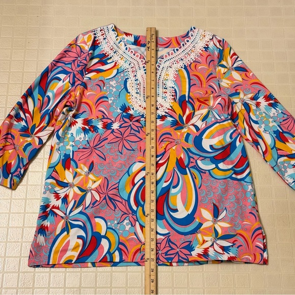 Talbots Women's Lace Trim Tunic Top Floral Bright Colorful Neon Size L - Picture 2 of 4